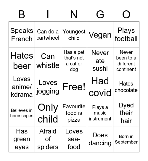 Get to know each other Bingo Card