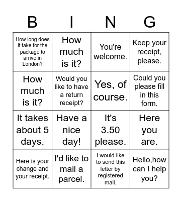 Dialogue at the post office Bingo Card