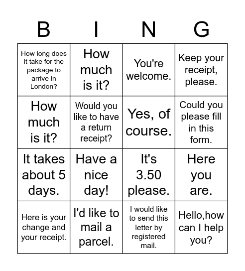 Dialogue at the post office Bingo Card