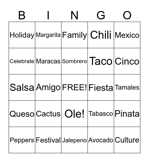 Cinco de Mayo Bingo Card