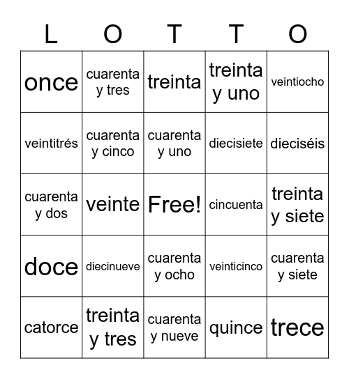 Los Números 11-50 Bingo Card