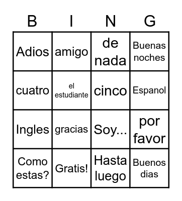 Hola Amigo Bingo Card