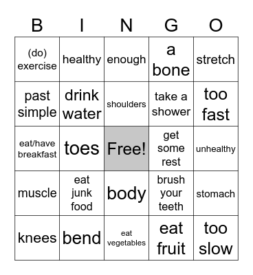 PRM 3 Unit 7 Feeling Fit Bingo Card