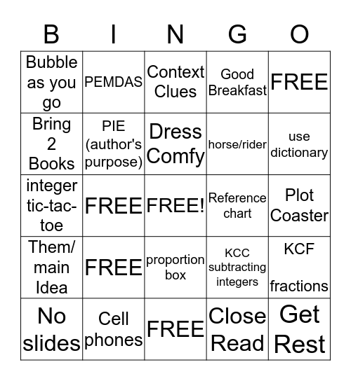 STAAR Bingo Card