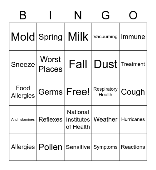 Allergy Bingo Card