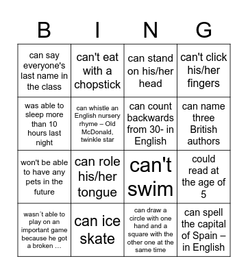 abilities in present and past Bingo Card