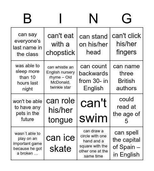 abilities in present and past Bingo Card