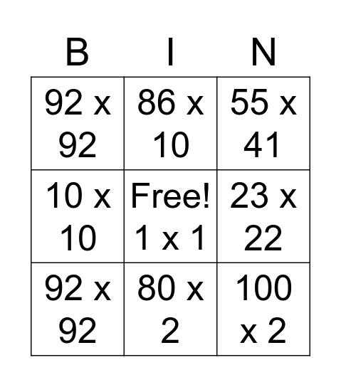 Times Table Bingo Card