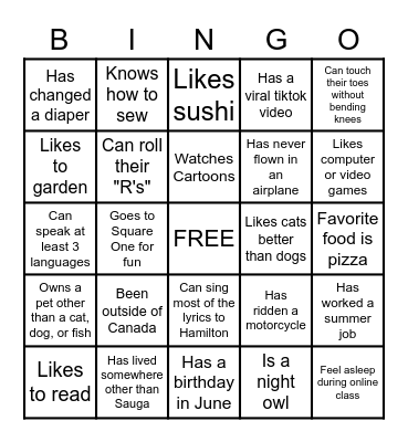 Getting to Know You Bingo Card