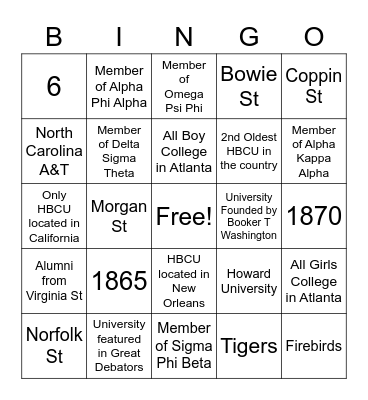 HBCU Bingo Card