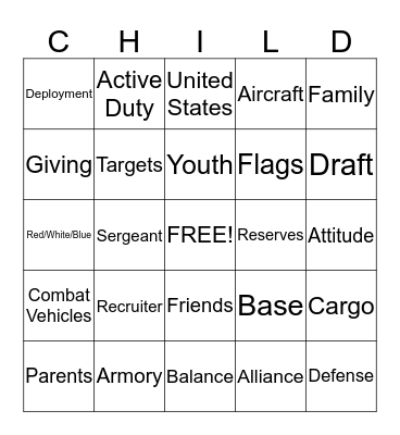 Month of the Military Child Bingo Card