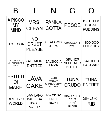 TAVERNA BINGO SEPTEMBER 10, 2021 Bingo Card