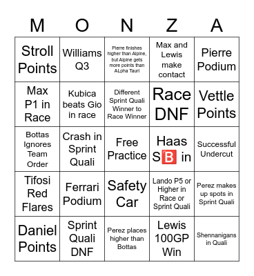 Monza Bingo Card