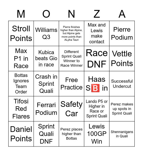 Monza Bingo Card
