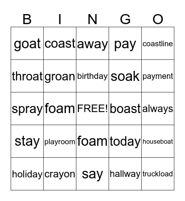 ay and oa words Bingo Card