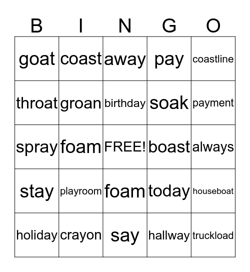 ay and oa words Bingo Card