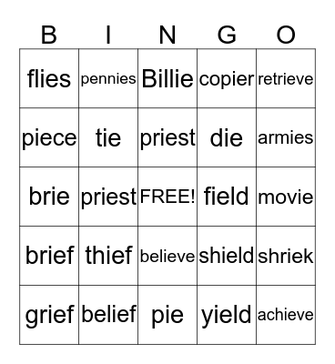 Digraph ie Bingo Card