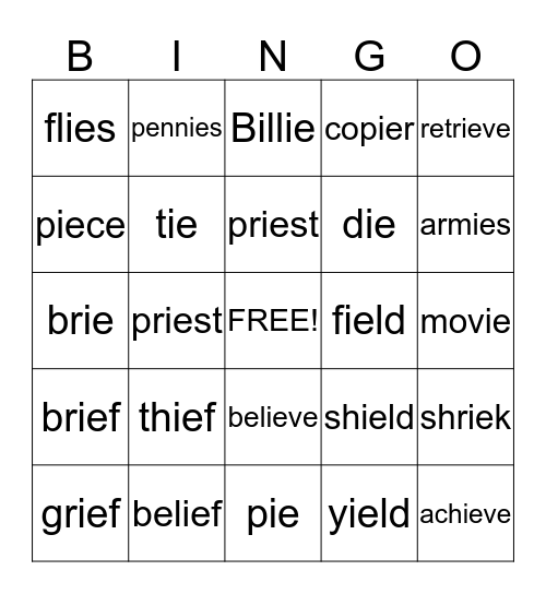 Digraph ie Bingo Card