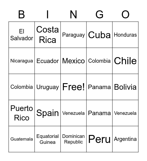 Spanish Speaking Country Capitals Bingo Card