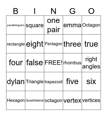 4th Grade Geometry Bingo Card