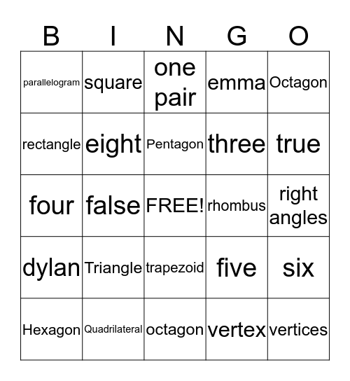 4th Grade Geometry Bingo Card