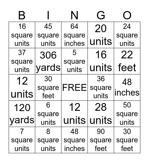 Perimeter and Area Bingo Card