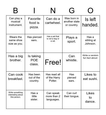Get to Know You Bingo! (can not repeat people) Bingo Card