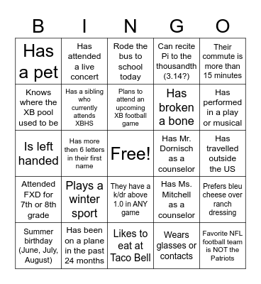 XB 9th Grade Bingo! Bingo Card