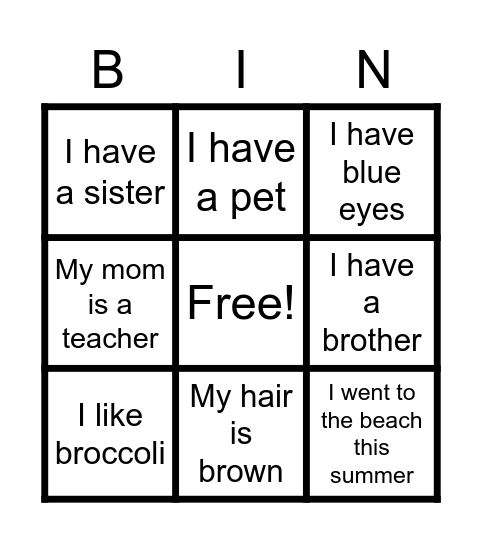 ALL about ME!! Bingo Card