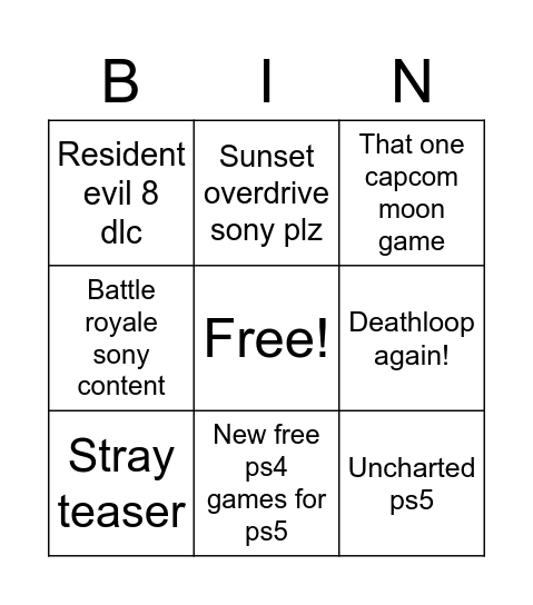 Sony september direct Bingo Card