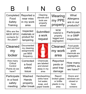 Food Safety Bingo Card