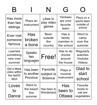 First Day of School Bingo Card