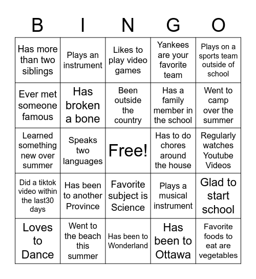 First Day of School Bingo Card