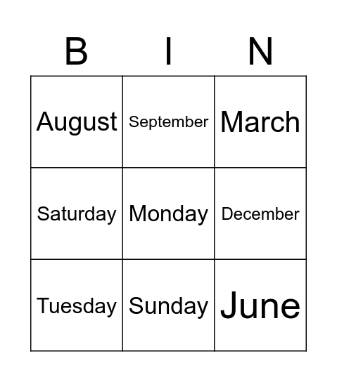 Days of the week and months of the year Bingo Card