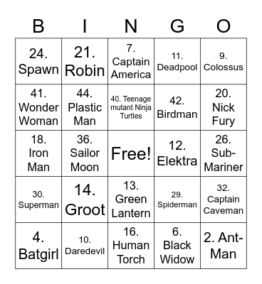 Superhero Bingo Card