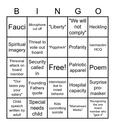 School Board Meeting Bingo Card