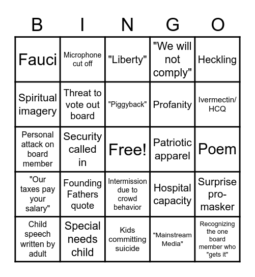 School Board Meeting Bingo Card