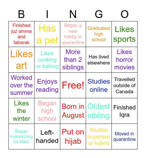 Get to know each other! Bingo Card