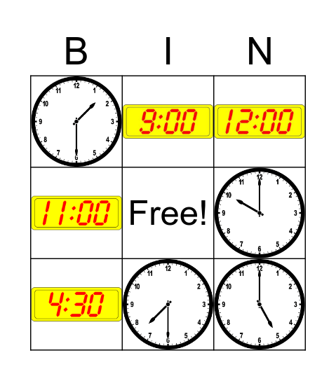 Analog and Digital Time Bingo Card