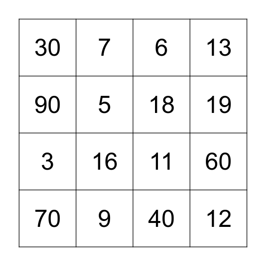 Spanish Numbers Bingo Card