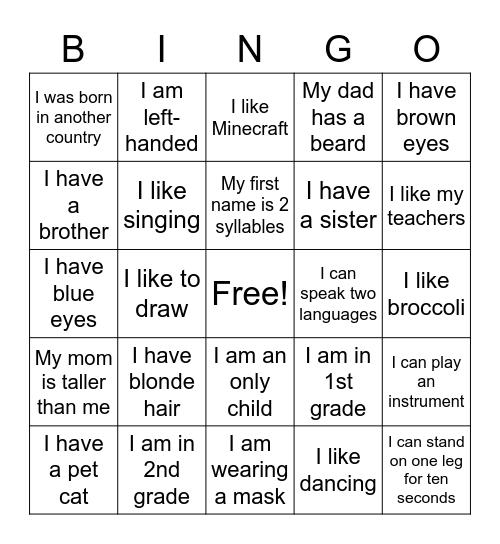 Self-Identity Bingo Card