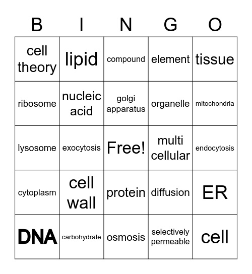 7th grade Cell Theory Bingo Card