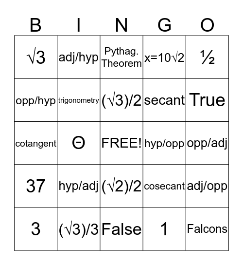 Trig Bingo Card