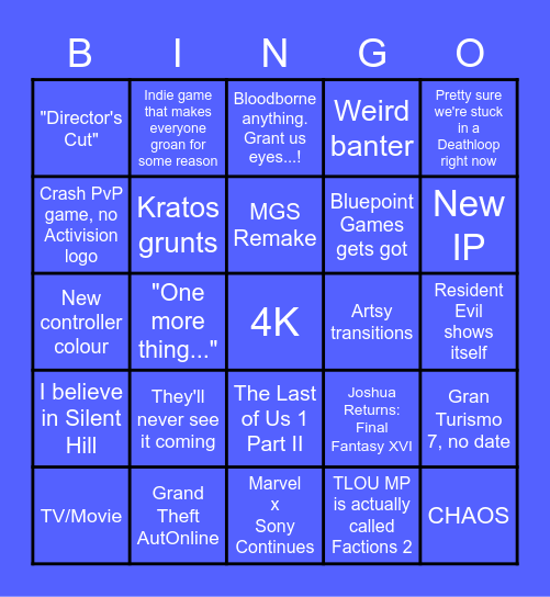 PS Showcase Bingo Card