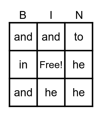 sight words Bingo Card