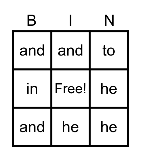 sight words Bingo Card