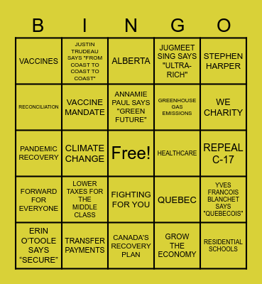 2021 Leaders’ Debate Bingo Card