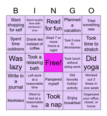 Self-Care Bingo Card