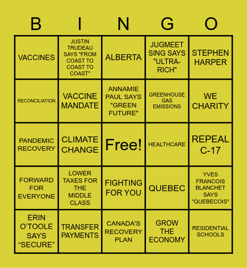2021 Leaders’ Debate Bingo Card