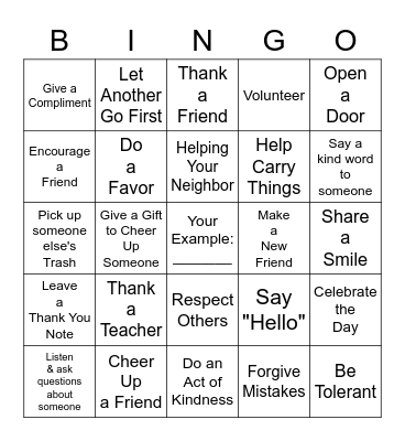 Random Acts of Kindness Bingo Card